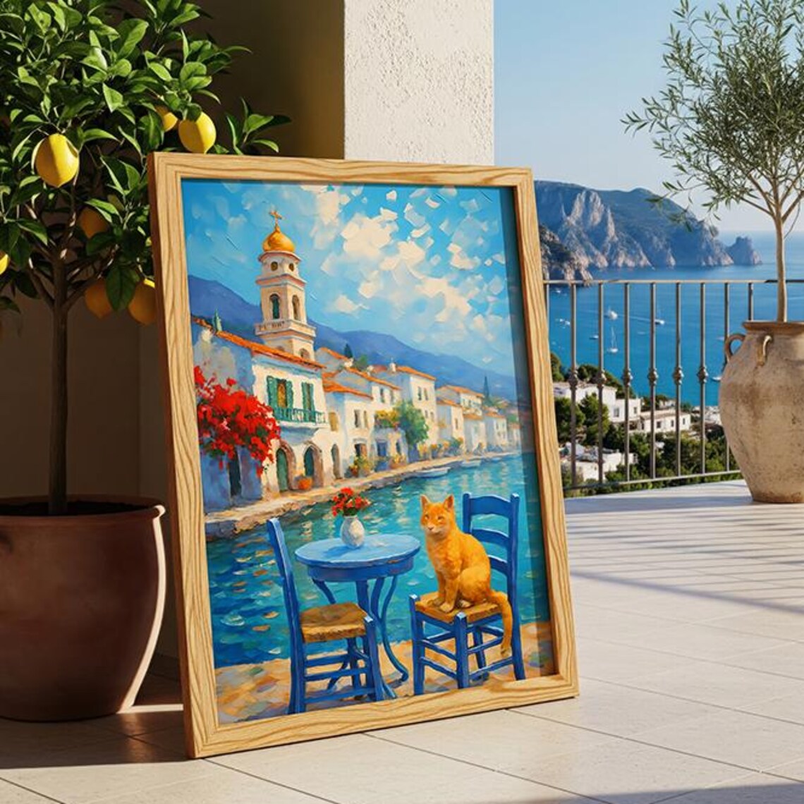 Orange Tabby Cat Resting on Blue Chair in Mediterranean Coastal Village Poster