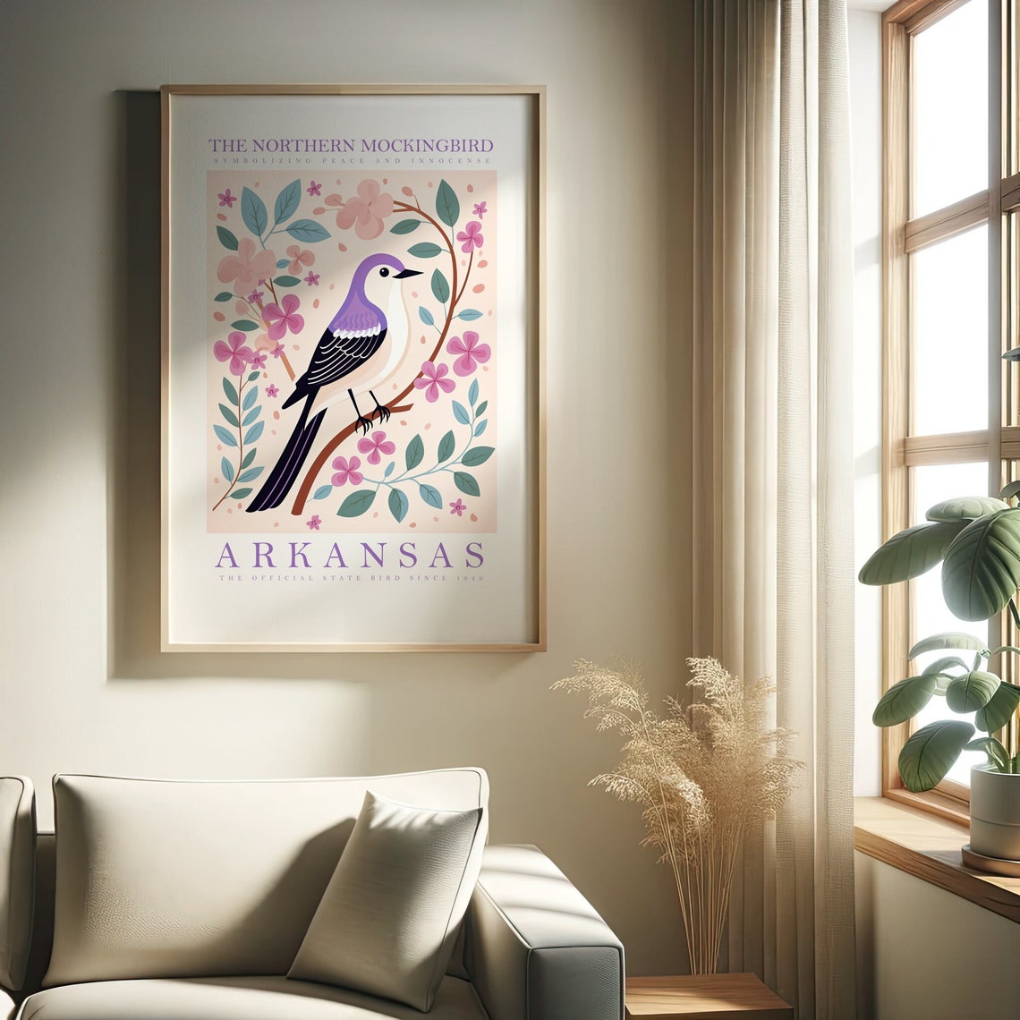Arkansas Northern Mockingbird State Bird Folk Art Flower Poster