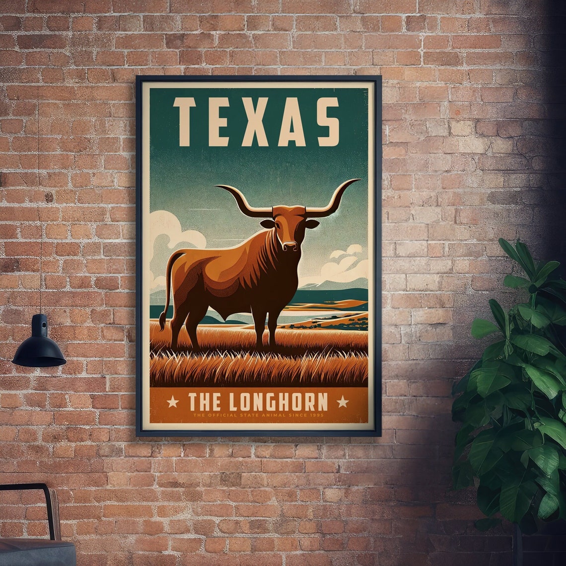 Texas Longhorn State Animal Prairie Sunset Retro Travel Poster