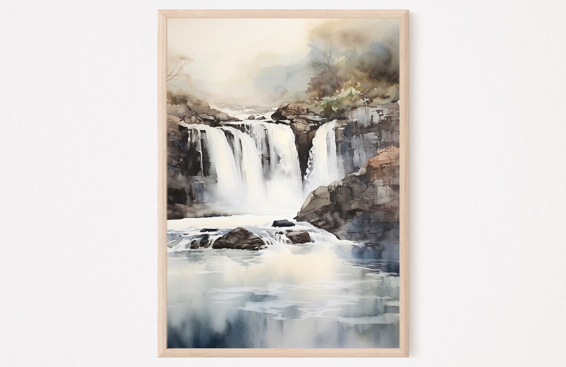 Island Waterfalls Watercolor Art Print, Nature Decor