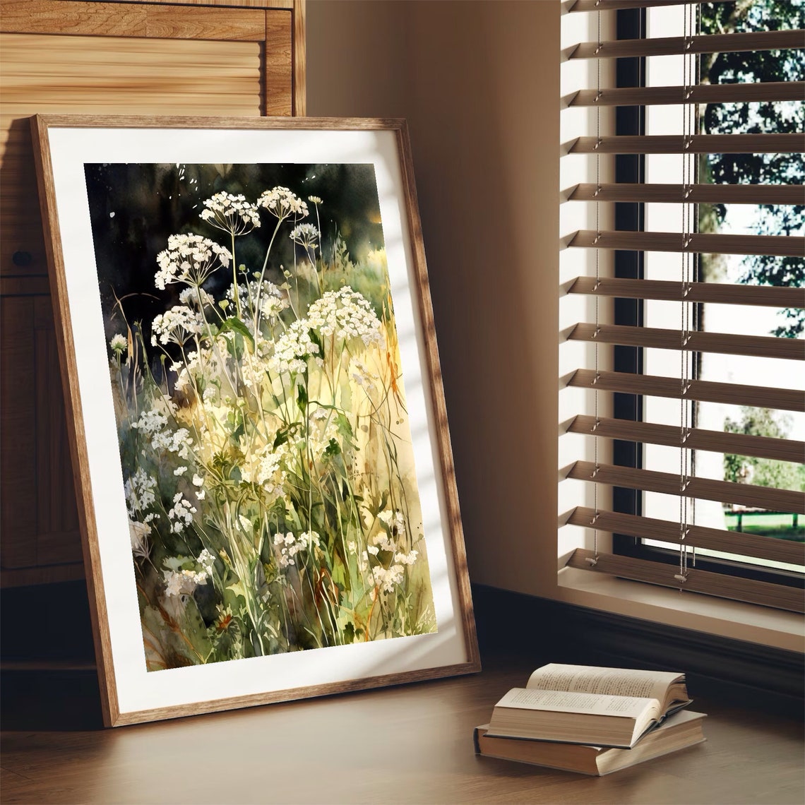 White Yarrow Wildflowers Watercolor with Dark Garden Background Print - Image 4