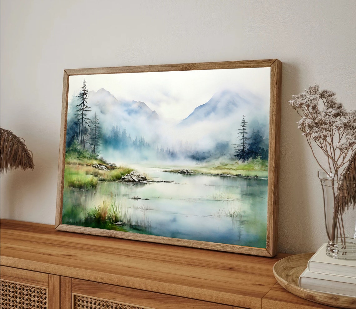 Misty Mountain Lake Pines Watercolor Nature Landscape Poster - Image 3