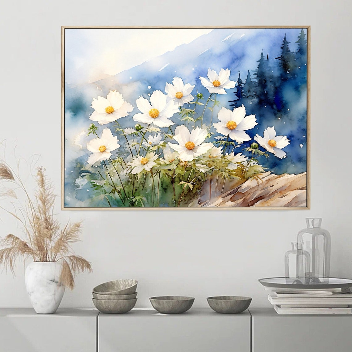 White Wildflowers Blue Mountain Meadow Watercolor Floral Poster - Image 2