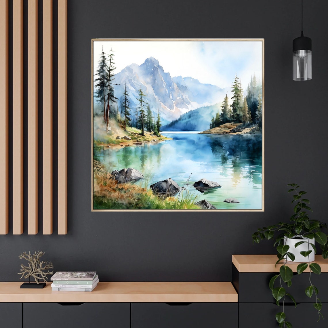 Turquoise Alpine Lake Snowy Peak Pine Shores Watercolor Wall Art - Image 5