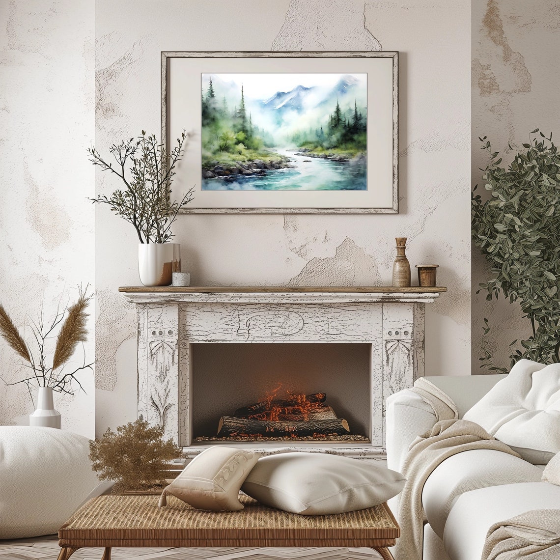 Mountain River Watercolor Turquoise Stream Pine Forest Valley Poster - Image 3