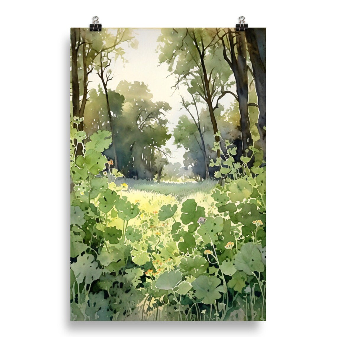 Green Meadow Clearing Sunlit Forest Trees Nature Watercolor Poster - Image 5