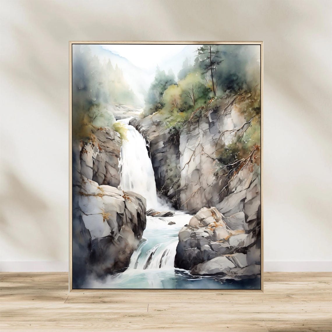 Forest Canyon Waterfall Plunging Into Rocky Pool Watercolor Poster - Image 2