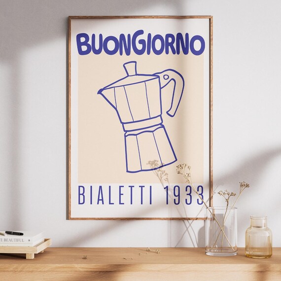 Buongiorno Bialetti 1933 Moka Pot Vintage Blue Line Art Coffee Poster