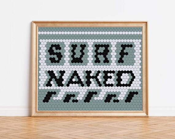 Copy Surf Naked Mosaic Tile Typography Poster Minimalist Art Print Vintage Inspired Tile Designs Coastal Beach Poolside Art