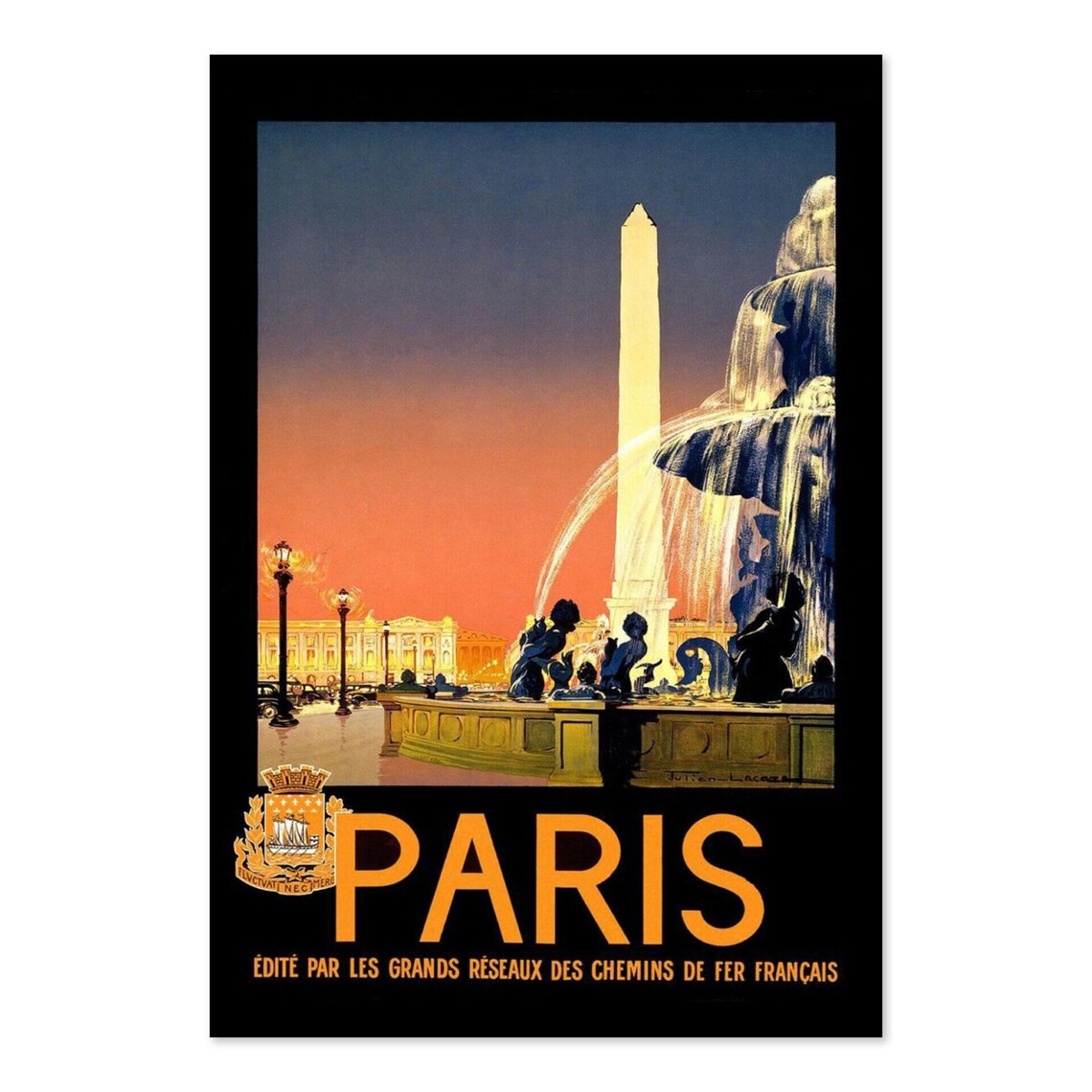 Paris Place de la Concorde Sunset French Railway Travel Poster
