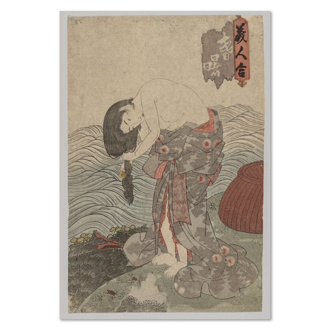 Japanese Ukiyo-e Female Pearl Diver Combing Hair Woodblock Poster