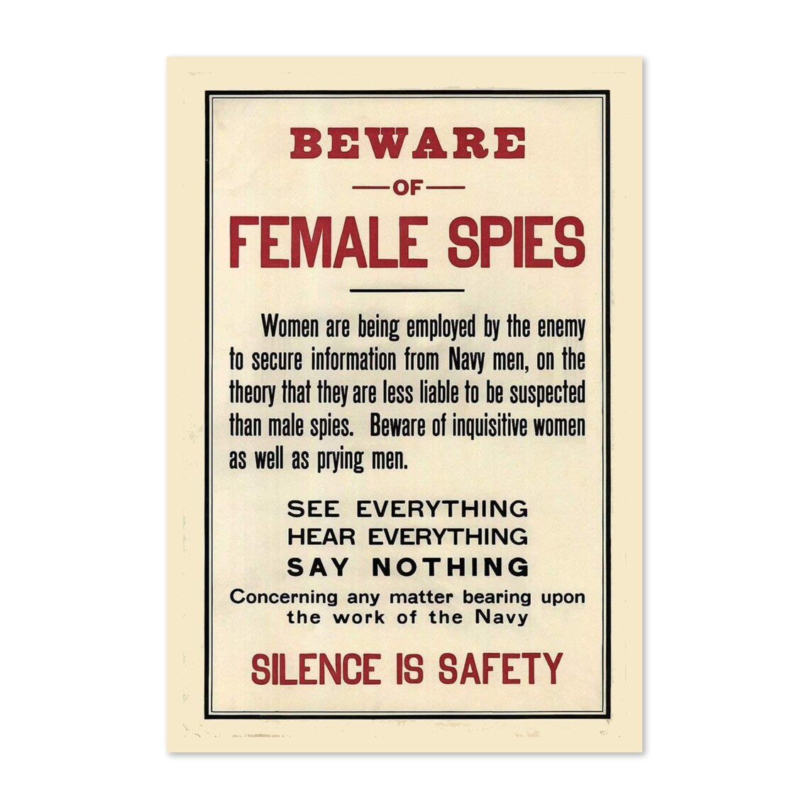 Beware Female Spies, 1915 WWI Espionage Poster