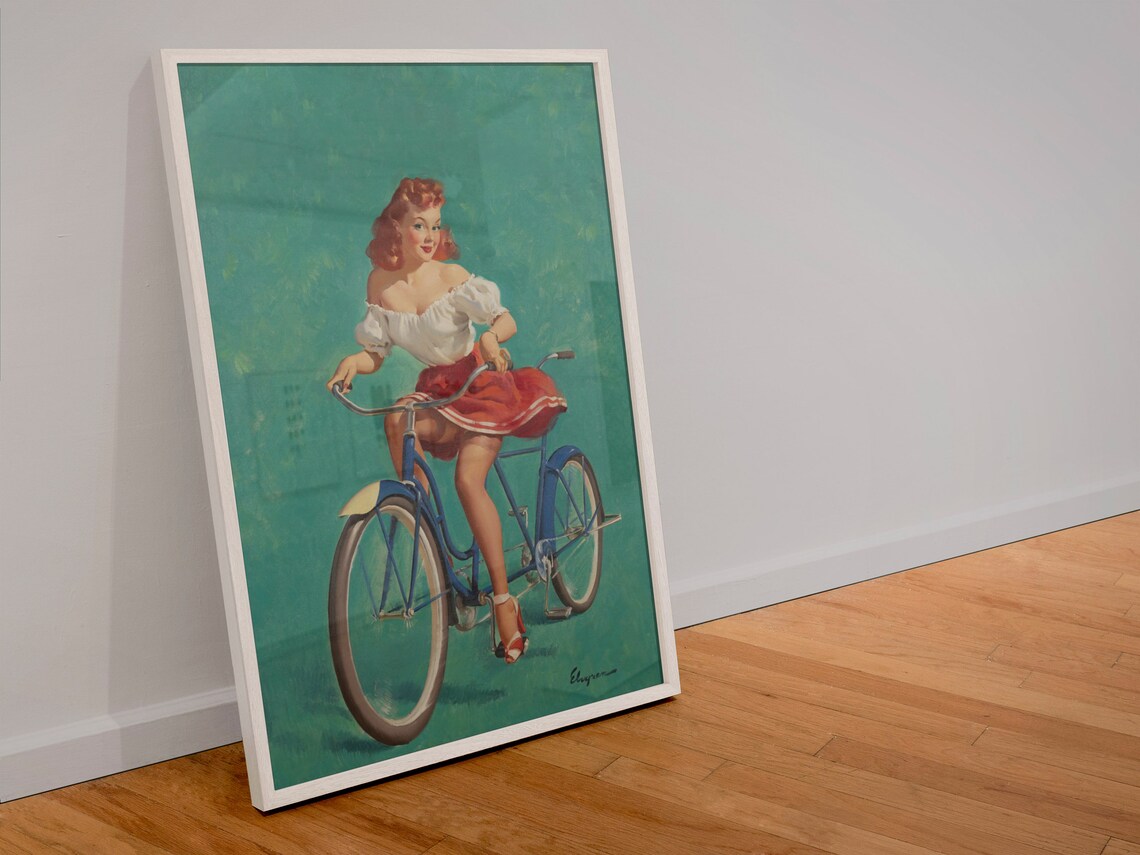 Elvgren Pin Up Girl Bicycle Built for Woo Red Skirt Vintage Poster - Image 4