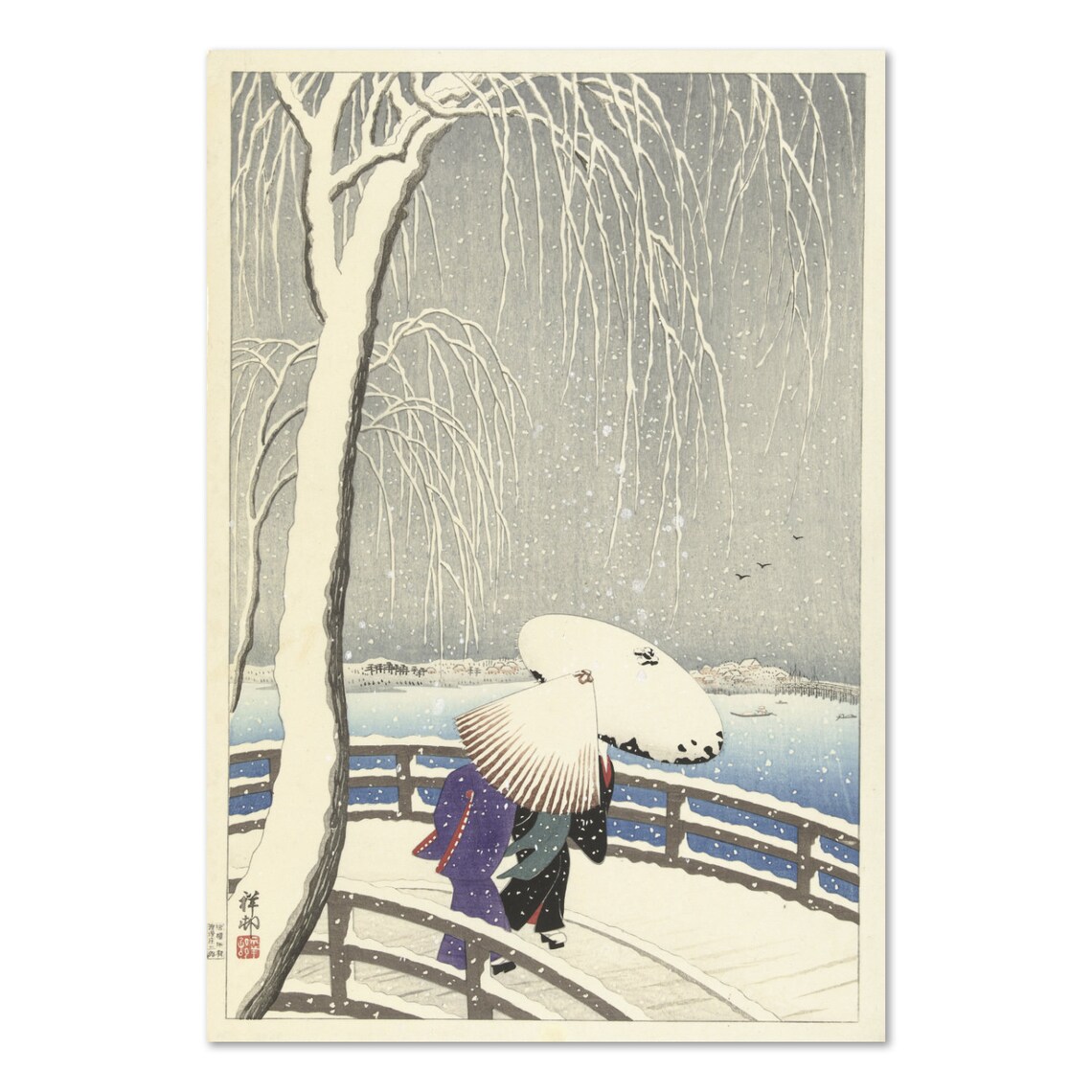 Snowy Willow Bridge Japanese Woodblock Winter Umbrella Figures Poster