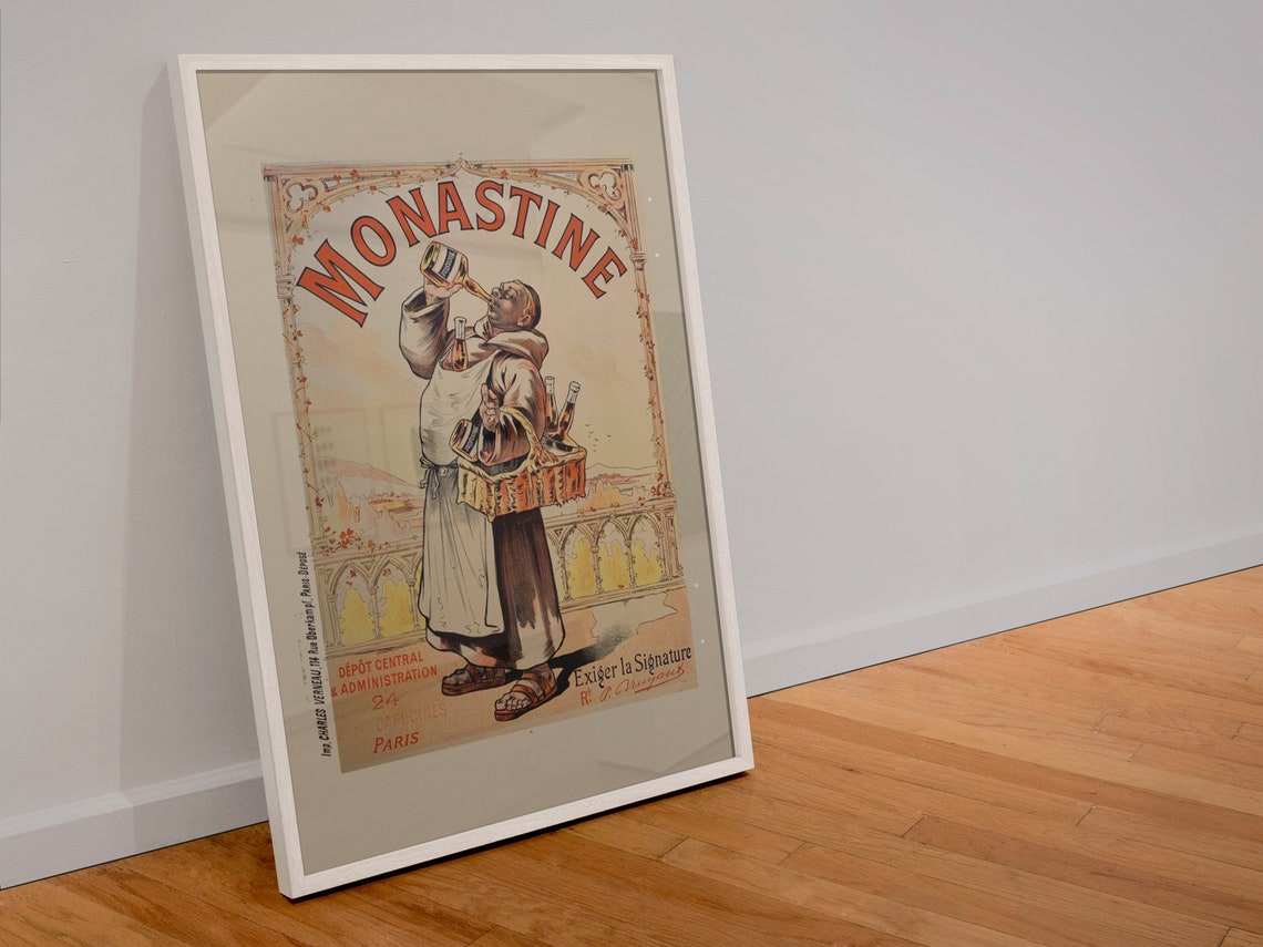 Monastine Monk Drinking French Liqueur Vintage Advertising Poster - Image 4