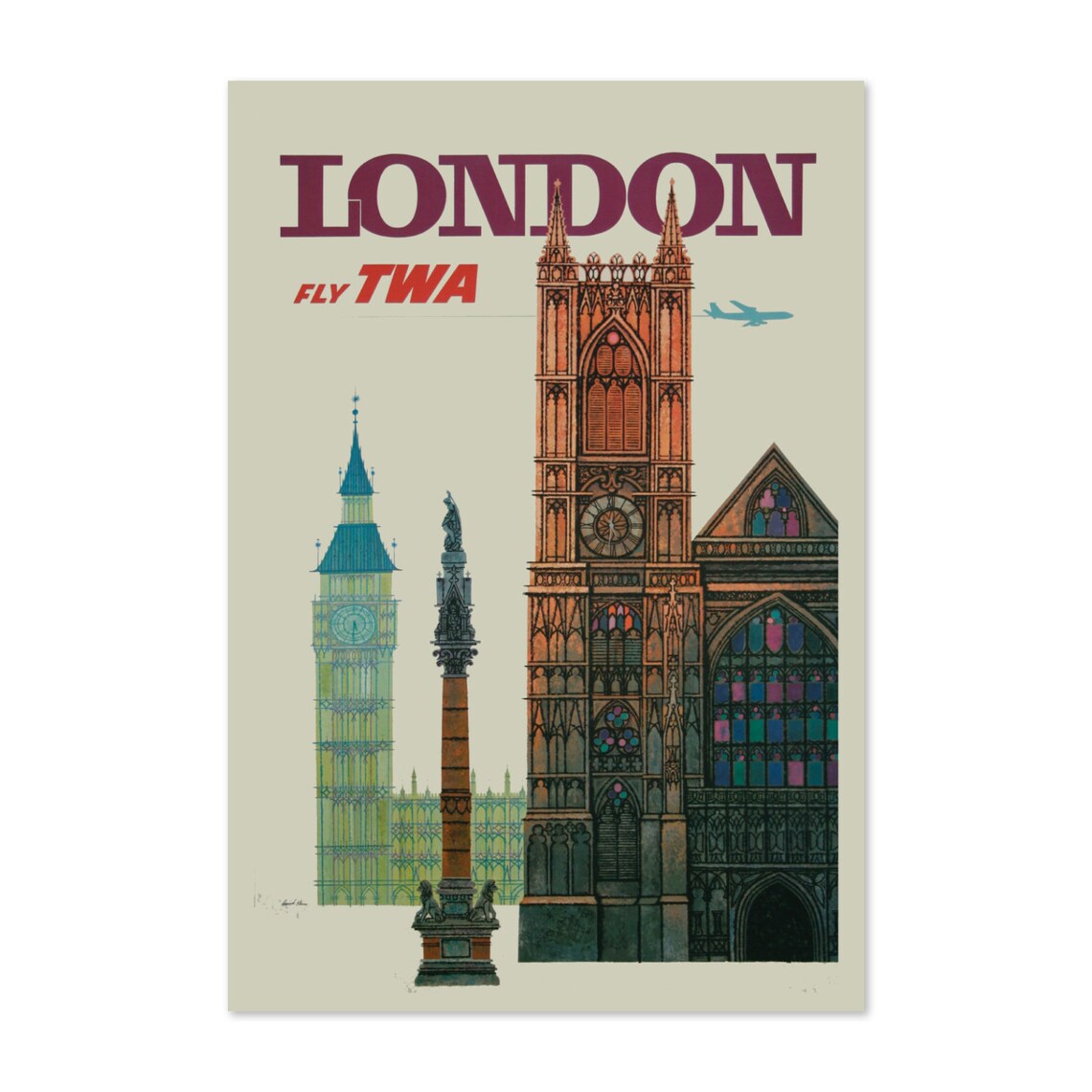 Vintage Fly TWA London Big Ben Westminster Abbey Retro Poster