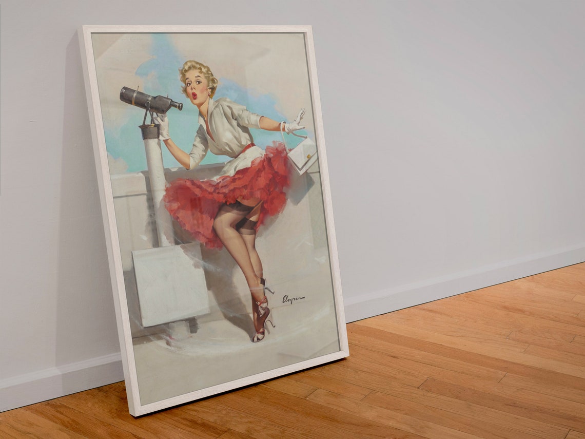 Elvgren What a View Telescope Pin Up Girl Red Ruffle Skirt Poster - Image 4