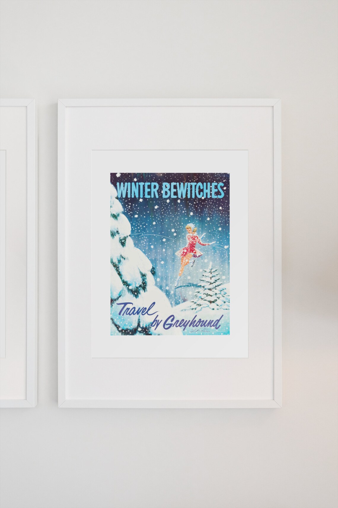 Winter Bewitches Travel by Greyhound Ice Skater 1960s Winter Poster - Image 3