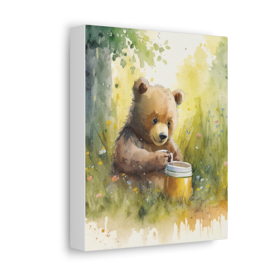 Baby Brown Bear Cub With Honey Pot Sunny Meadow Watercolor Poster - Image 3