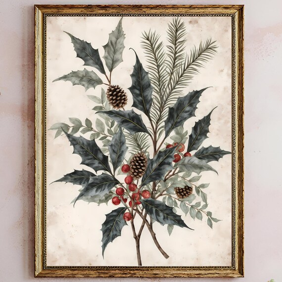 Retro Christmas Botanical Wall Art Poster Vintage Holly Berries Print Nordic Minimalist Holiday Decor