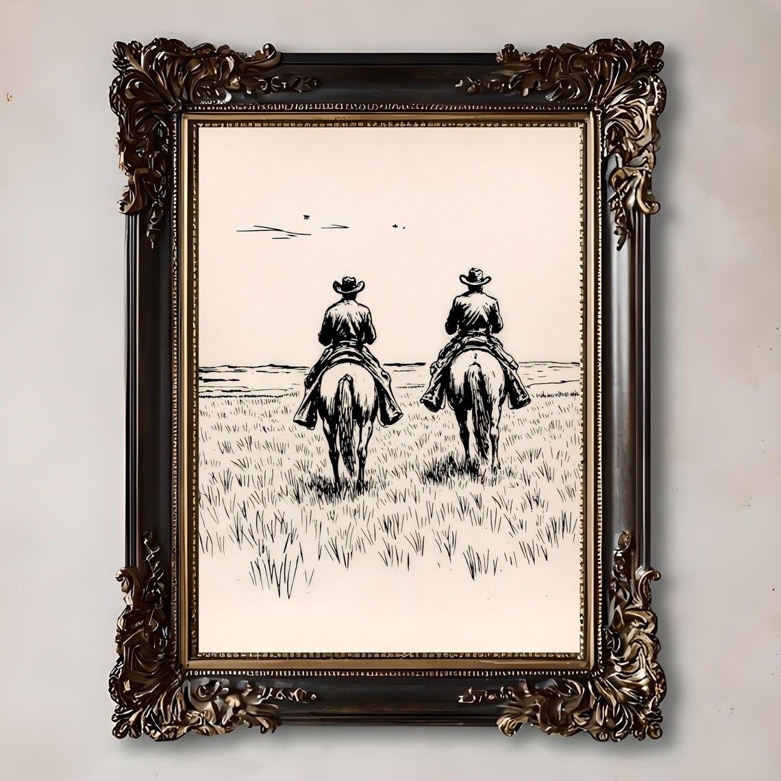 Vintage Western Cowboy Sketch Poster, Old West Ink Drawing