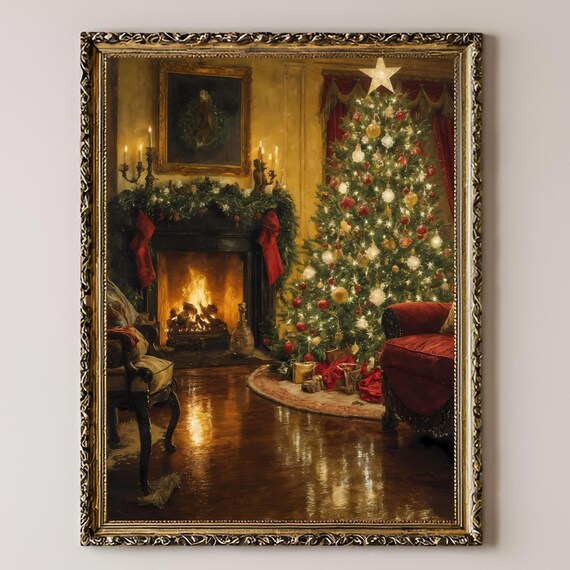 Cozy Christmas Living Room Fireplace Tree Holiday Home Poster