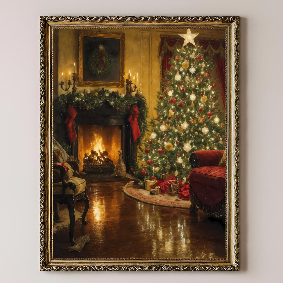 Cozy Christmas Living Room Fireplace Tree Holiday Home Poster