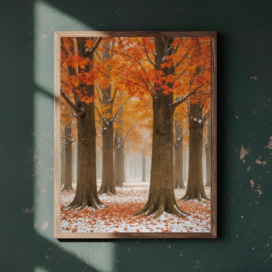 Orange Autumn Forest First Snow Misty Trees Fall Photo Poster