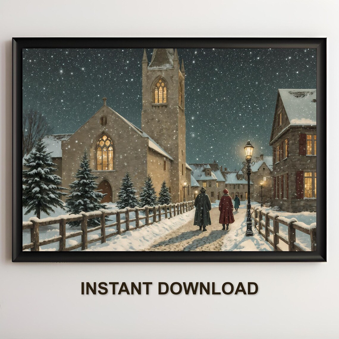 Snowy Village Church At Night With Lampposts And Strolling Villagers Poster