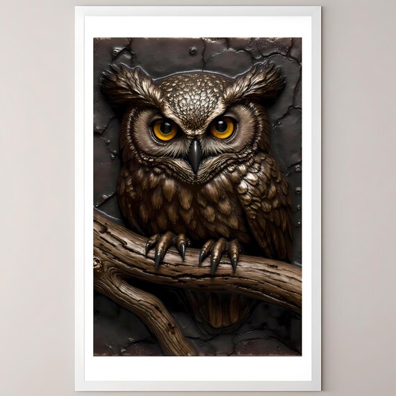 Dark Academia Owl Tile Art Glazed Ceramic Poster With Manuscript Branch Photorealistic Closeup Sepia Brass Wall Decor