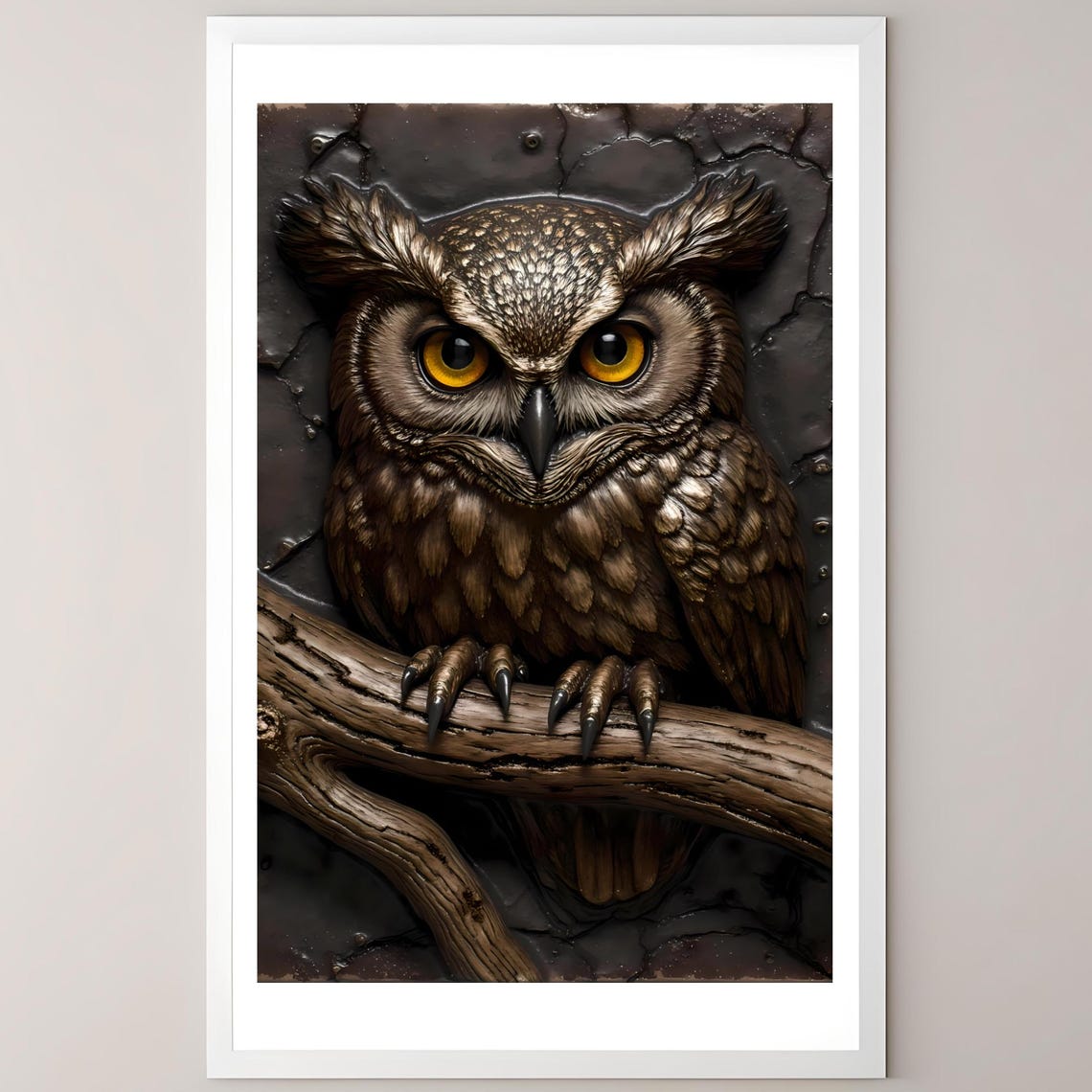 Dark Academia Owl Tile Art Glazed Ceramic Poster With Manuscript Branch Photorealistic Closeup Sepia Brass Wall Decor