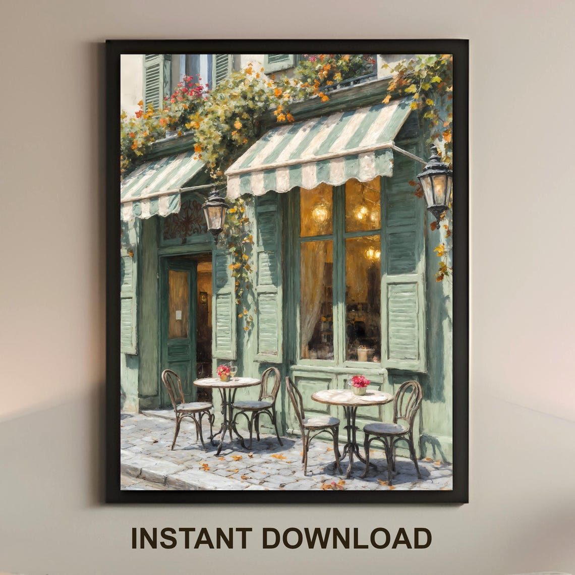 Paris Cafe Wall Art Sage Green Autumn Facade Street Poster Print Decoration