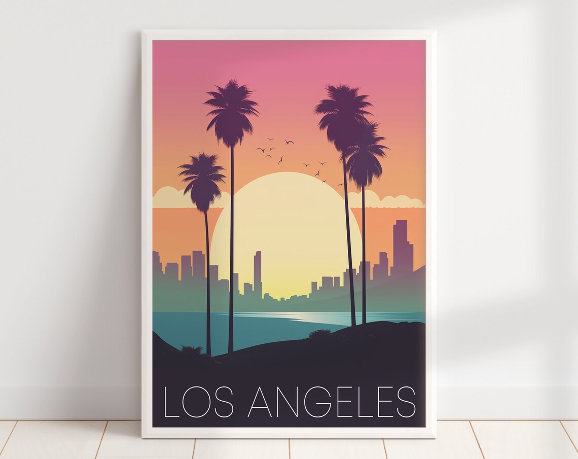 Los Angeles California Sunset Palms Ocean Skyline Travel Poster