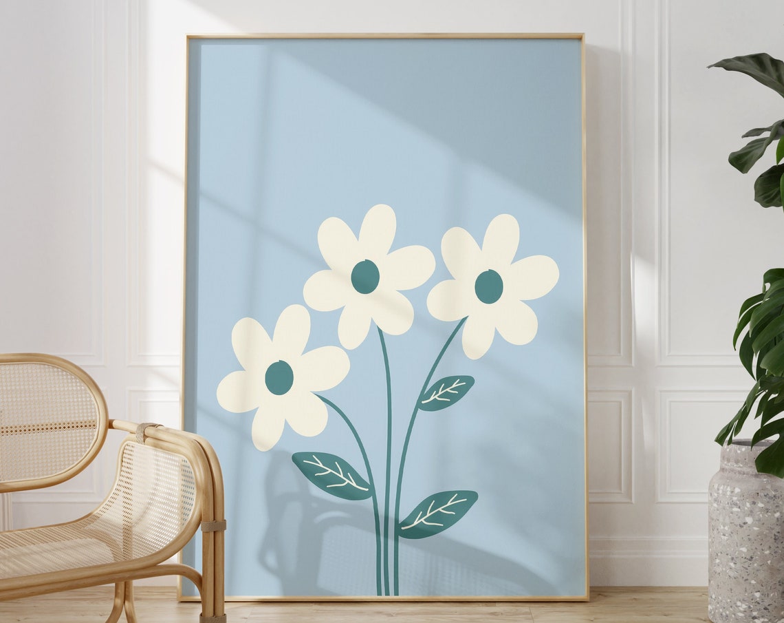 White Daisies Sky Blue Background Boho Minimalist Floral Poster