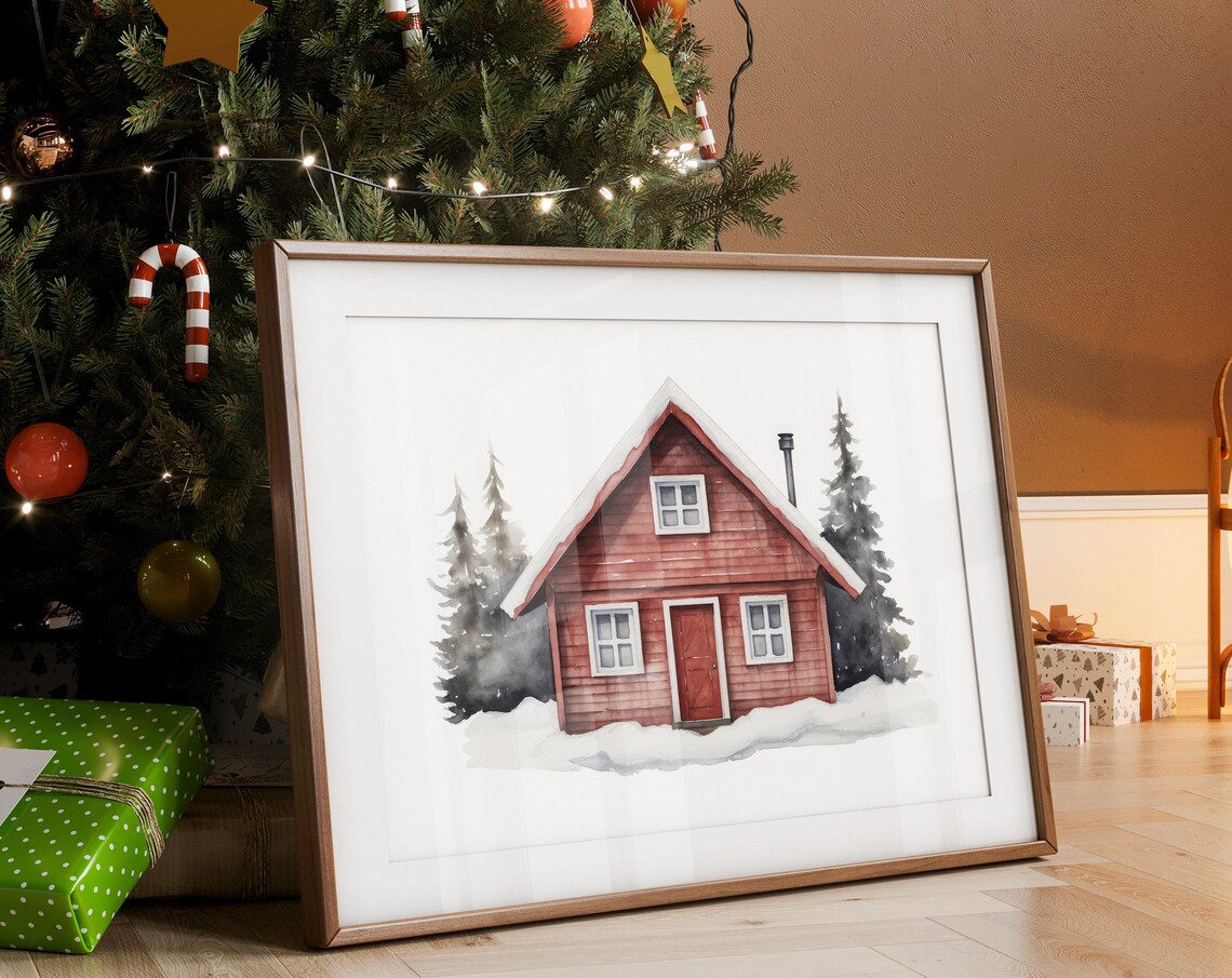 Red Wooden Cabin in the Snow Watercolor Winter Christmas Art Poster