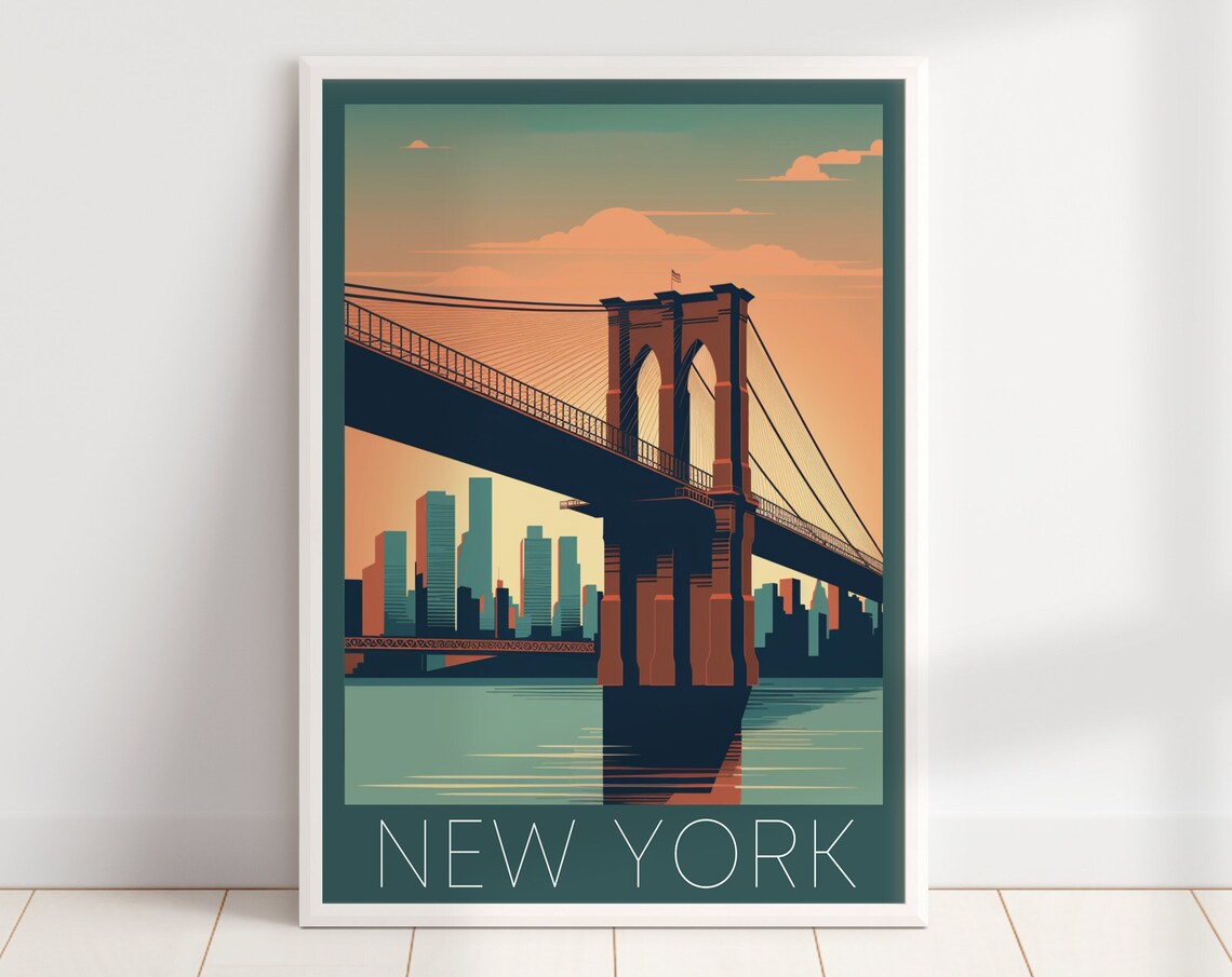 New York City Brooklyn Bridge Retro Sunset Skyline Travel Poster