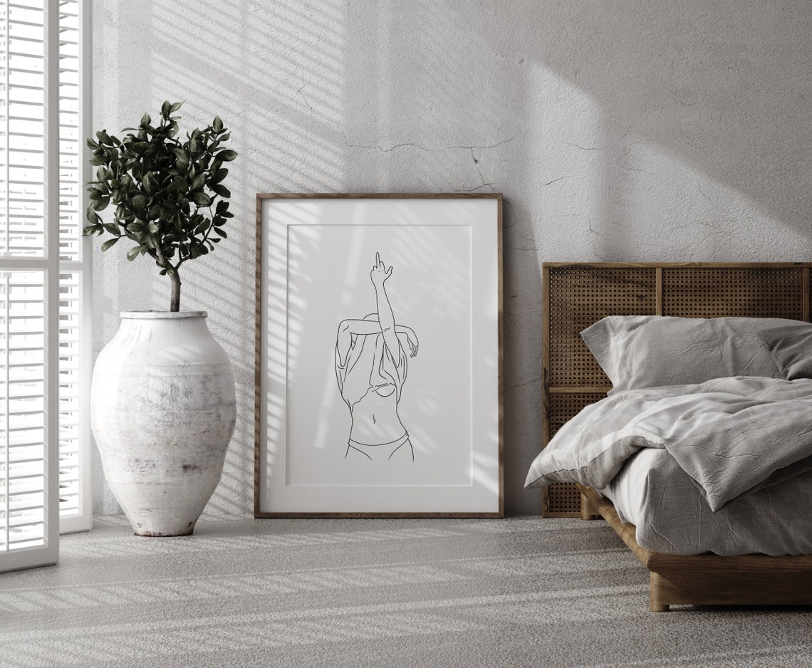 Middle Finger Line Art Wall Print Poster Woman Rude Fun Minimalistic Black And White Wall Home Decor Modern Art