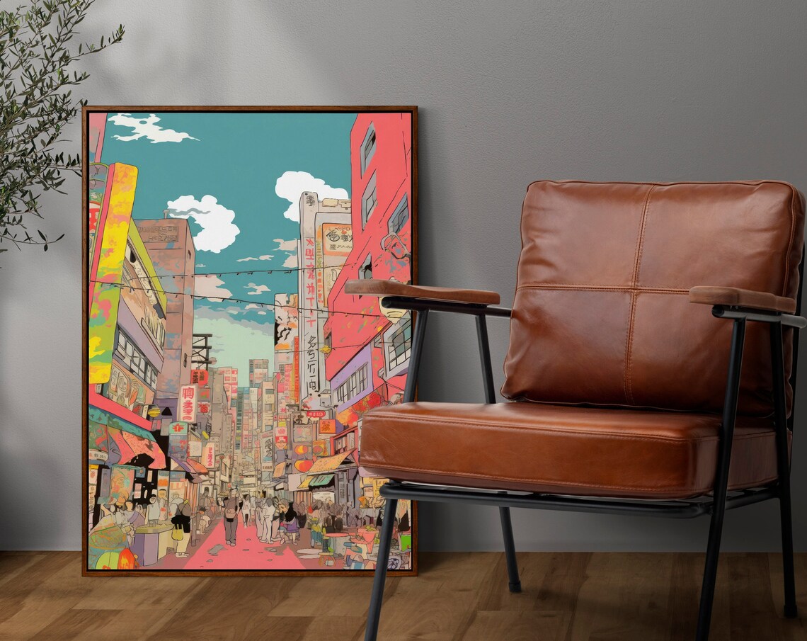 Vibrant Japan Cityscape Anime Style Colorful Street Scene Art Poster - Image 5