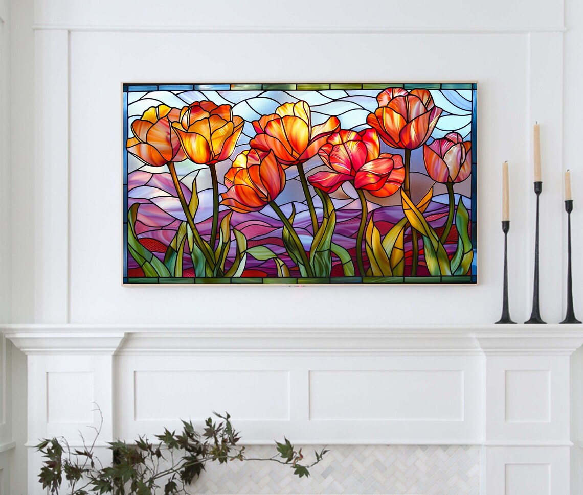 Colorful Tulip Stained Glass Orange Red Spring Floral Mosaic Art Poster - Image 4