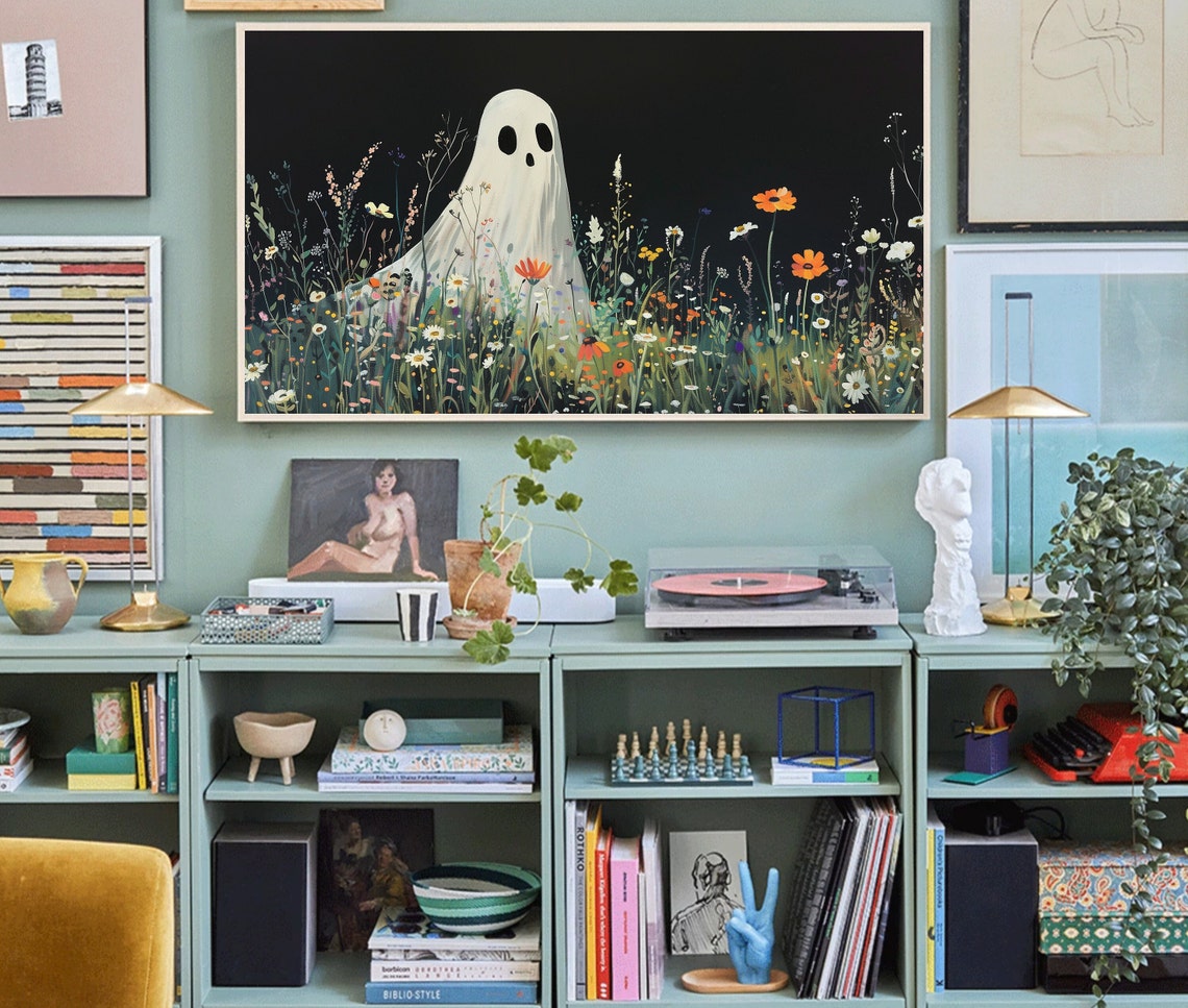 Cute Ghost Wildflower Meadow Night Colorful Botanical Art Poster - Image 2