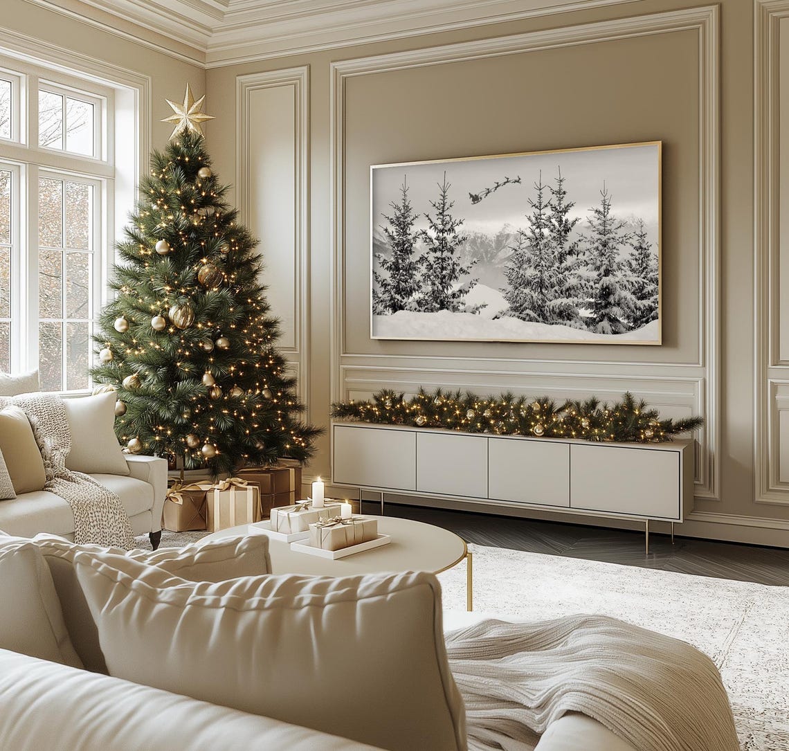 Black White Christmas Santa Sleigh Snowy Pine Forest Art Poster - Image 3