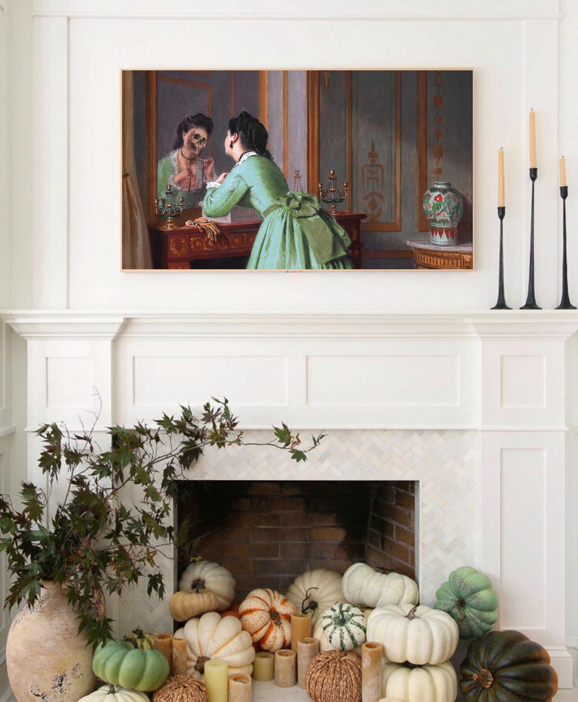 Victorian Woman Skull Mirror Reflection Subtly Spooky Fall Poster - Image 3