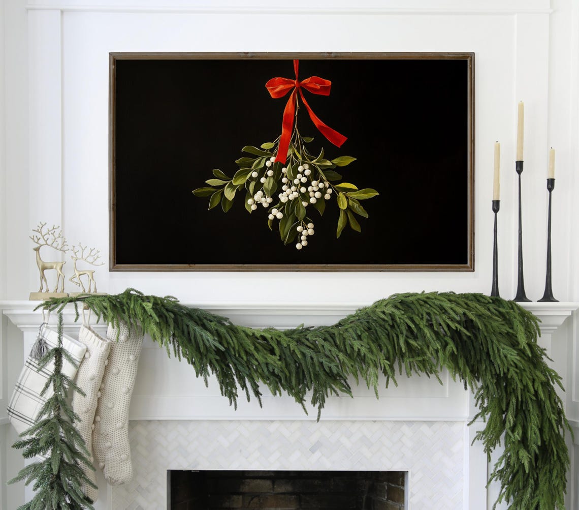 Mistletoe White Berries Red Ribbon Dramatic Black Background Poster - Image 3