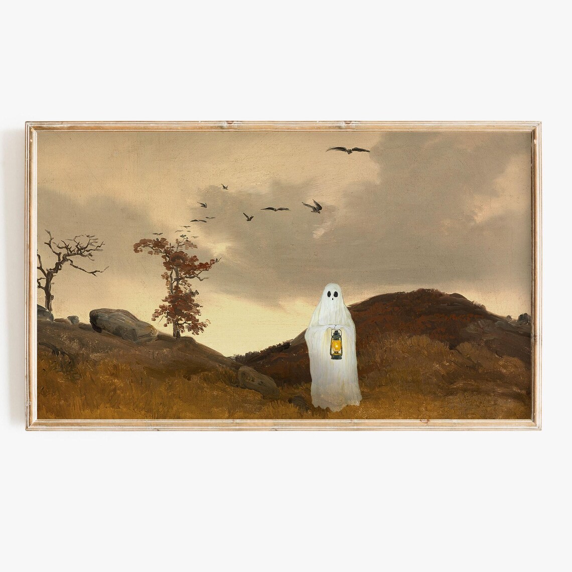 Sheet Ghost Holding Lantern On Autumn Hillside Moody Halloween Poster