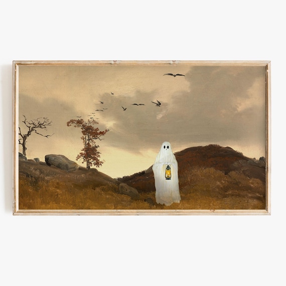Sheet Ghost Holding Lantern On Autumn Hillside Moody Halloween Poster