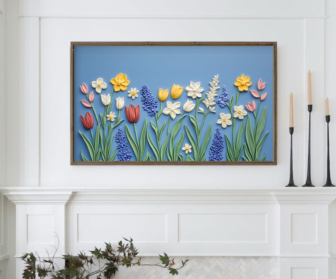 3D Textured Spring Flowers Tulips Daisies On Sky Blue Background Print - Image 2