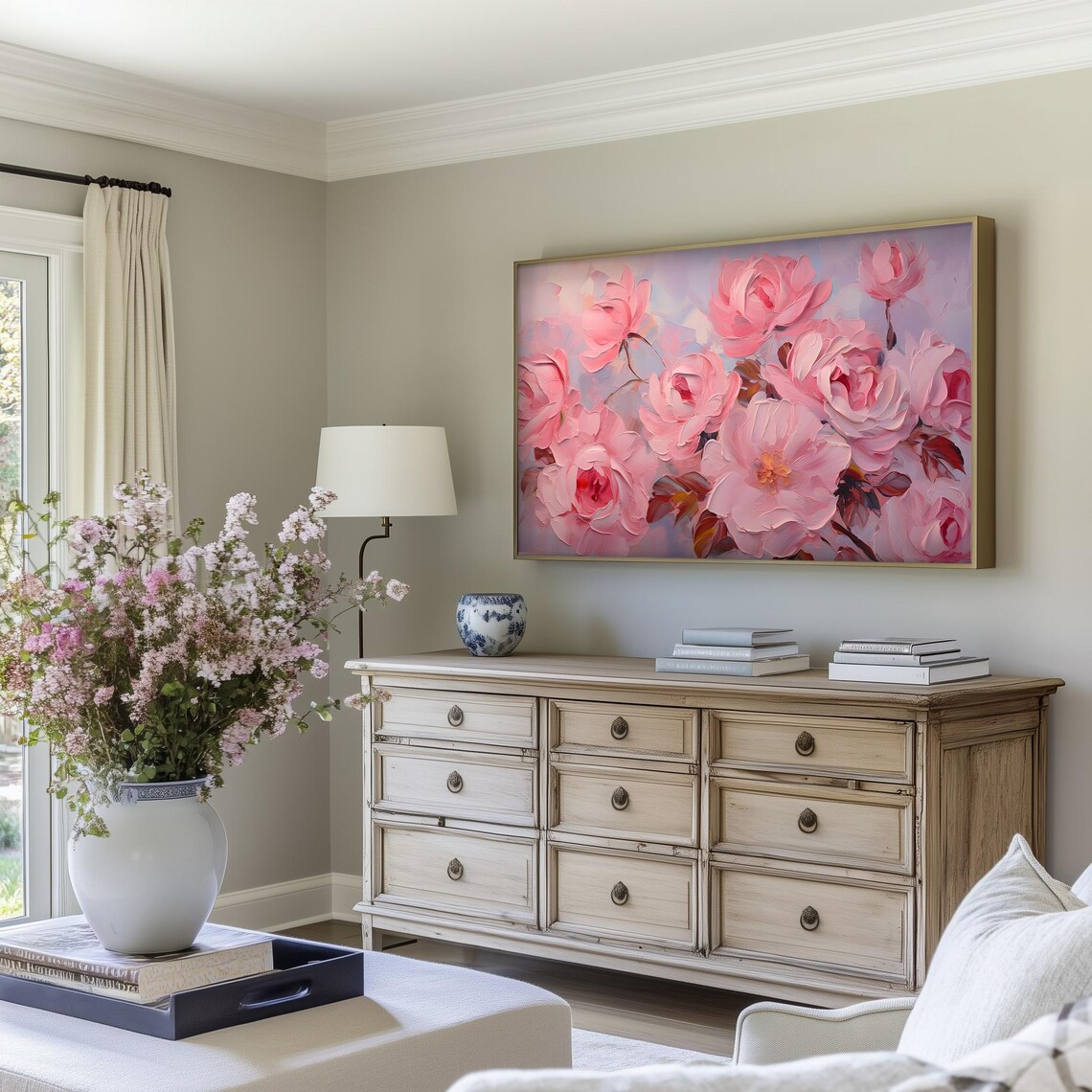 Pink Peony Roses Bouquet Lavender Textured Impasto Floral Poster - Image 5