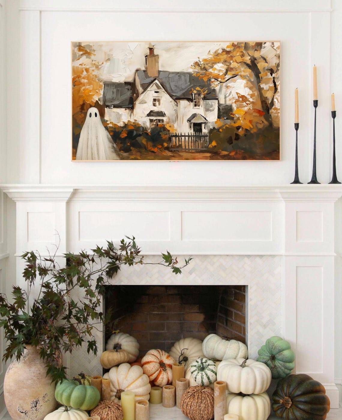 Cute Ghost Autumn Farmhouse Golden Foliage Cozy Fall Art Poster - Image 3