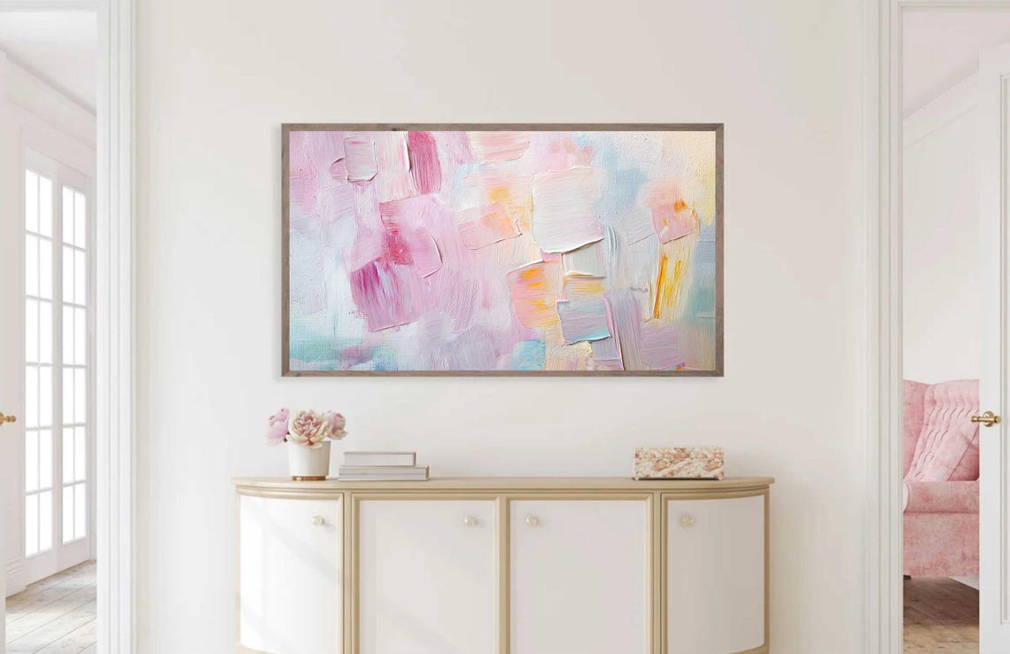 Pastel Pink Blue Impasto Abstract Modern Floral Textured Wall Art - Image 4
