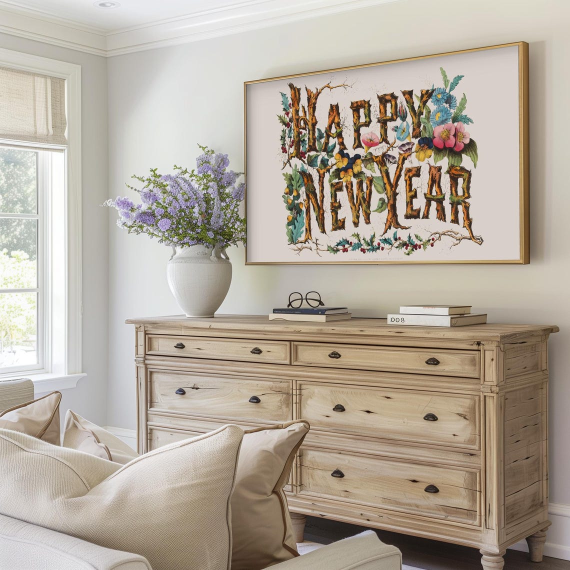 Happy New Year Vintage Botanical Tree Bark Lettering Art Print - Image 2